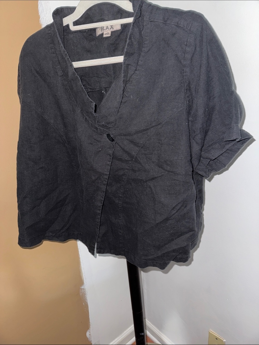 Flax Black Short-Sleeve Linen-Blend Button Top